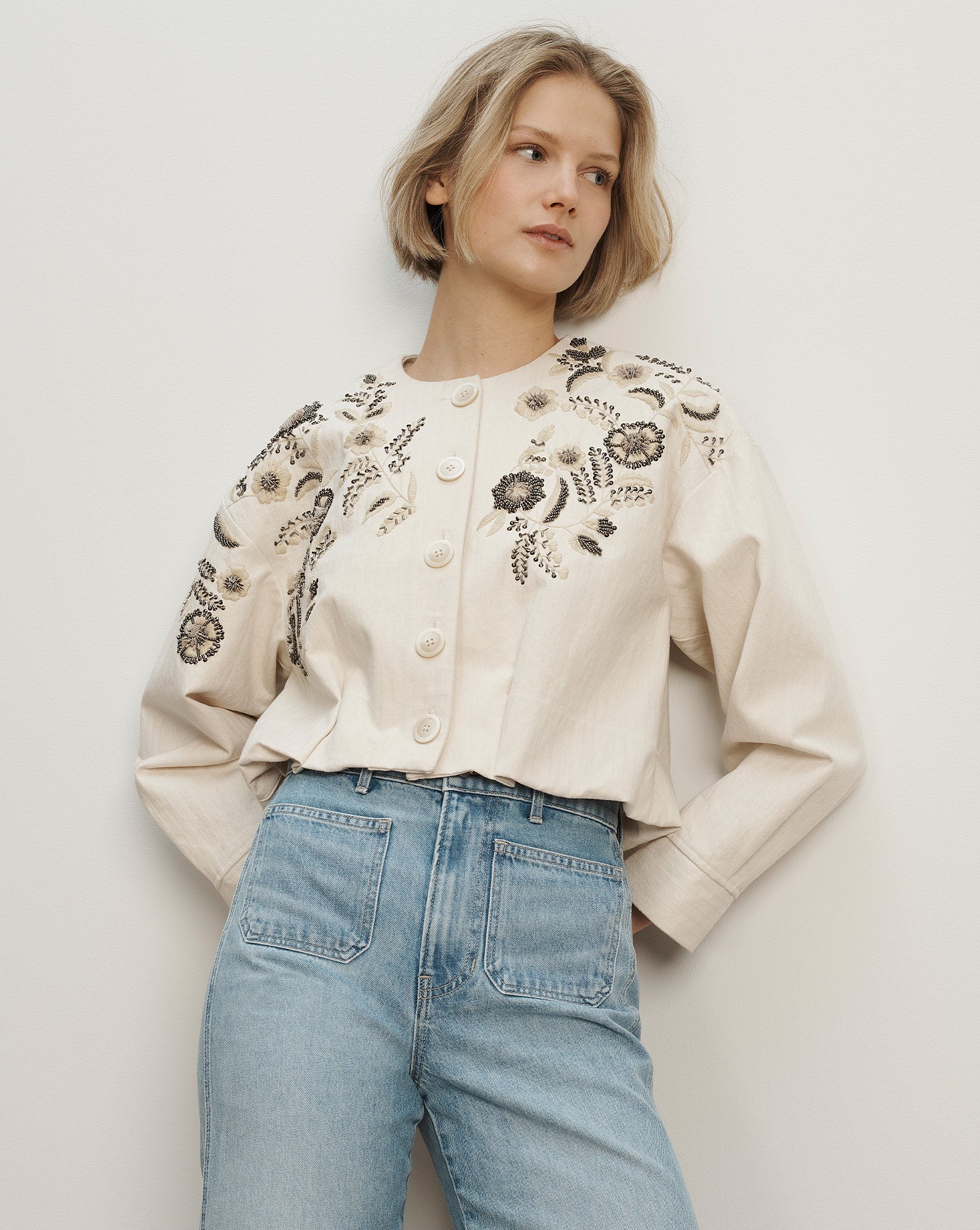Emeren Embroidered Jacket in Ecru | Veronica Beard