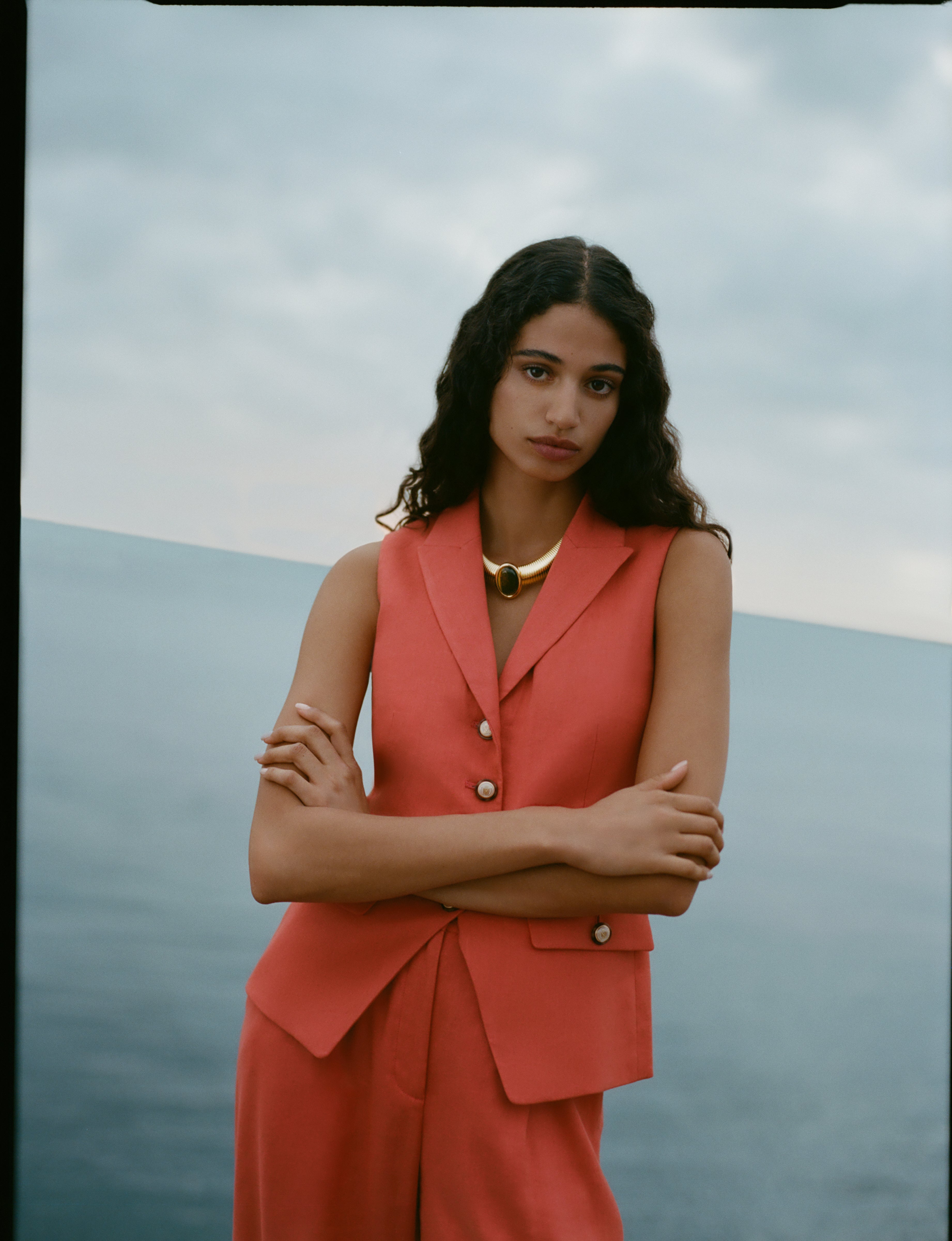 Veronica Beard Benny Linen Vest - Persimmon