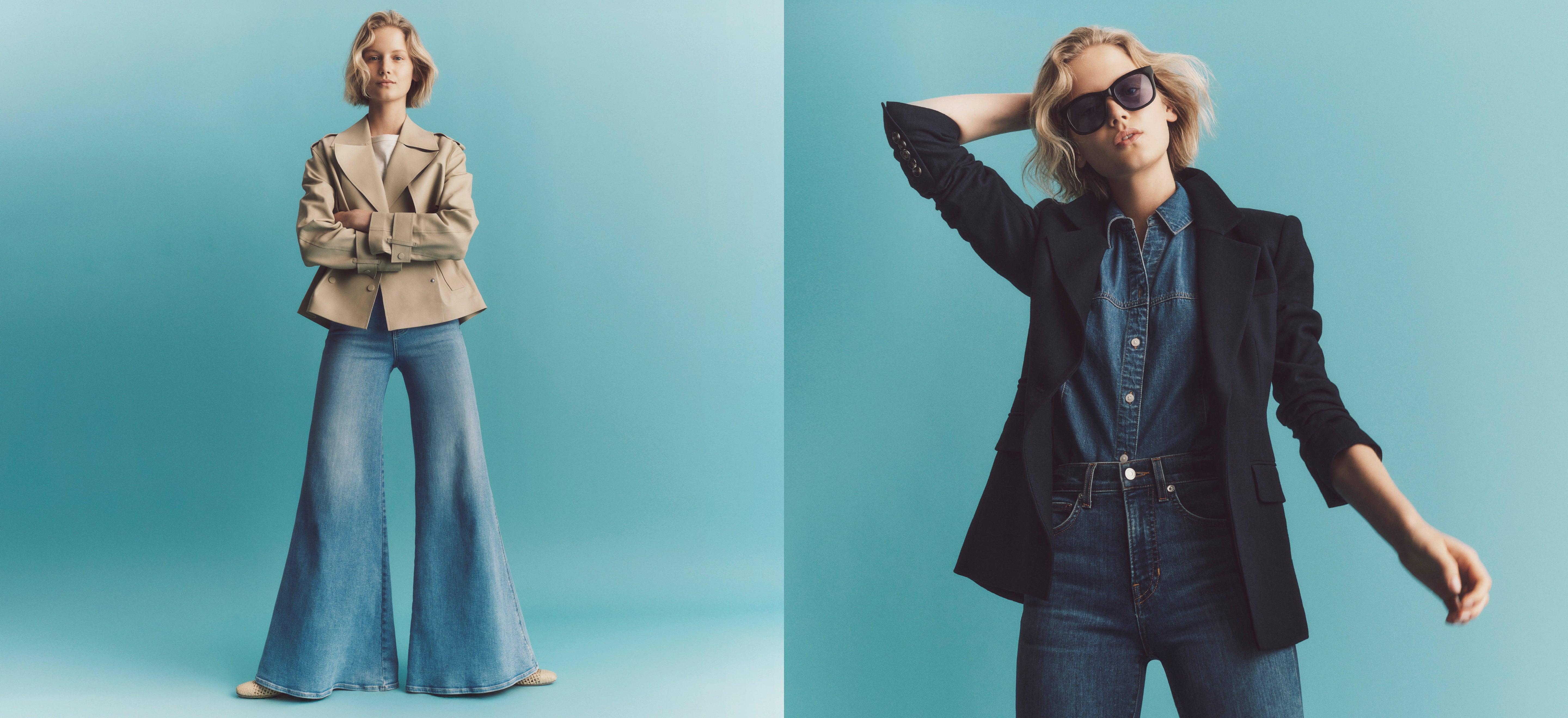 The image features two models posing in fashionable outfits against a teal-colored background. One model is wearing a beige trench coat and wide-leg jeans, while the other is dressed in a black long coat and denim jumpsuit.