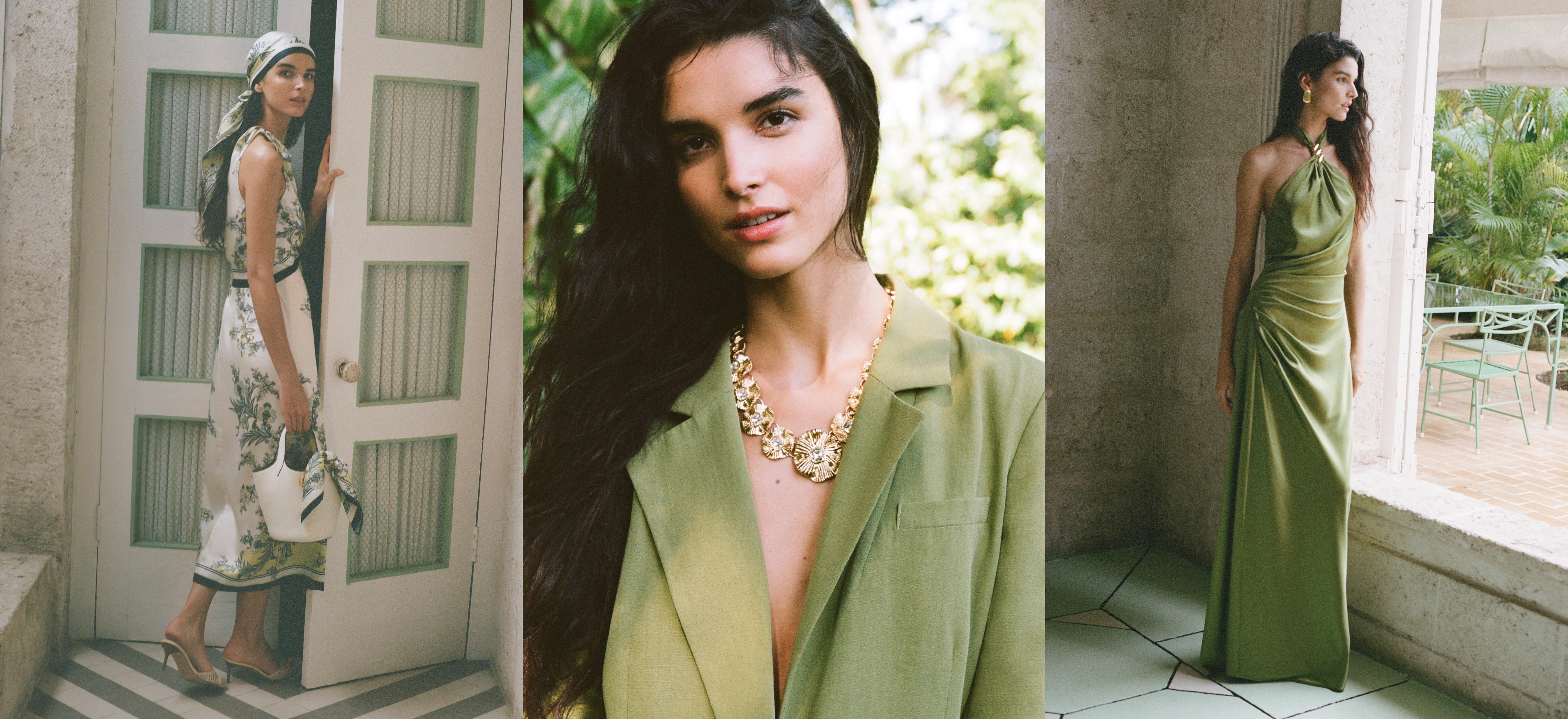 Veronica Beard A white sleeveless midi dress with a black belt and green floral print, a green blazer, and a green halter neck maxi dress.