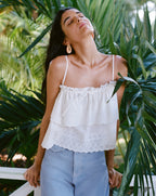 Veronica Beard White tiered eyelet camisole with thin straps and ruffled trim.