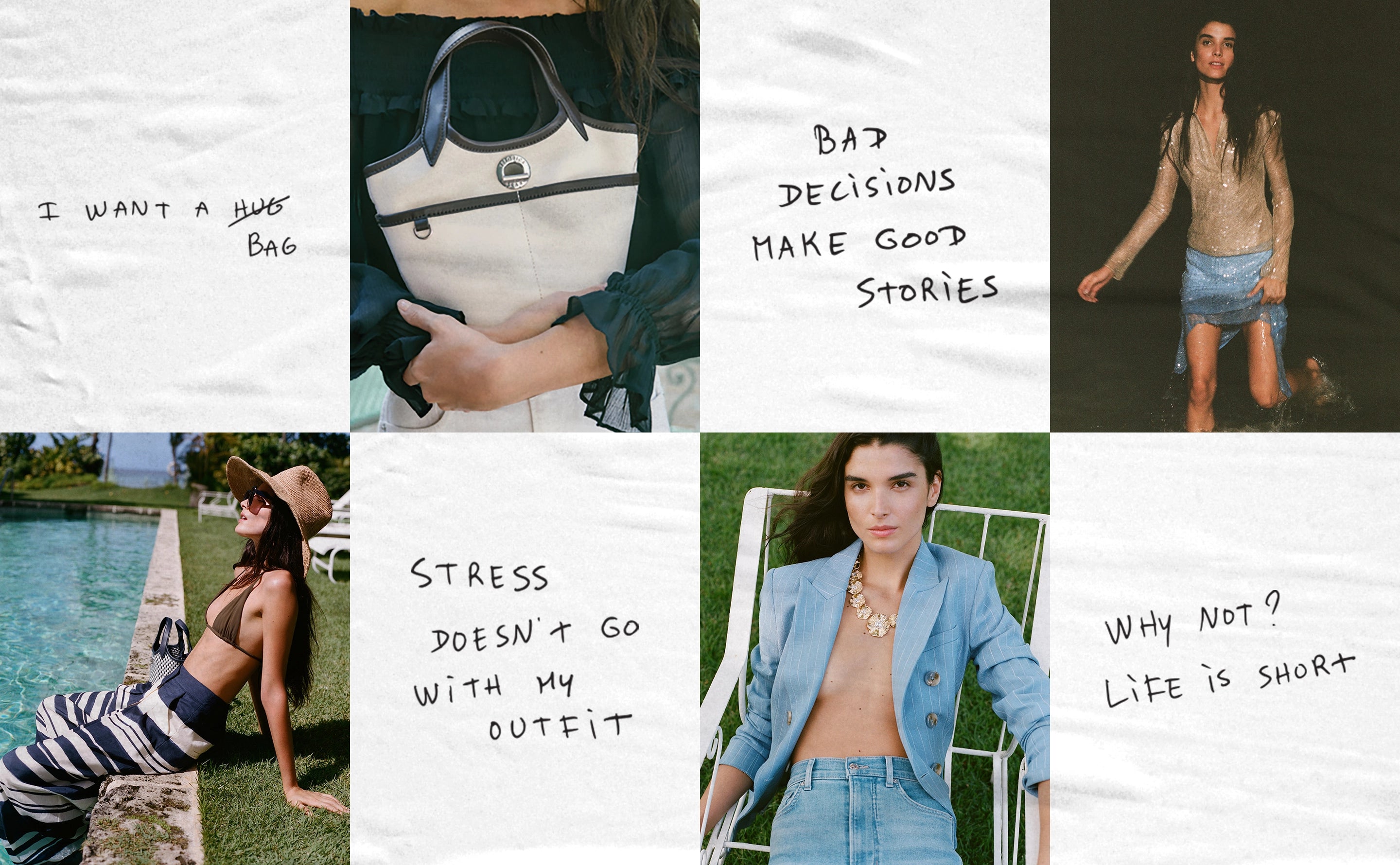 The image is a collage featuring various text and visual elements, including a bag with the text "I want a hug bag", a sign that says "Bad decisions make good stories", a person standing in a body of water, a person in a swimsuit, and a person in a blue jacket.