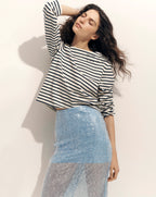 Veronica Beard Hovey Embroidered Stripe Top Dove/Navy Stripe