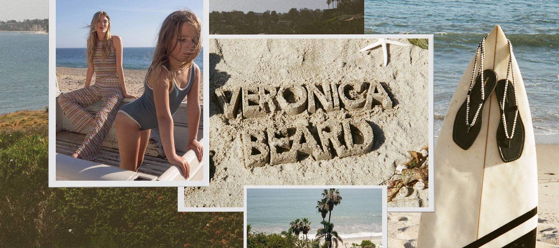 A collage of beach scenes features a surfboard with flip-flops in the foreground and a woman and child on a beach in the background.
