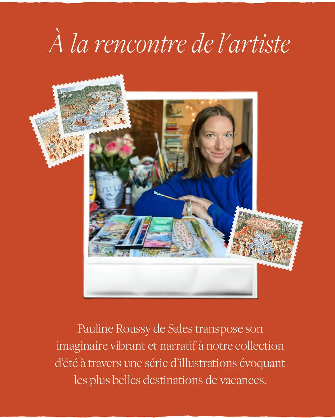 A woman smiles from behind a table of art supplies, with framed illustrations of vacation scenes in the foreground and a warm orange background.