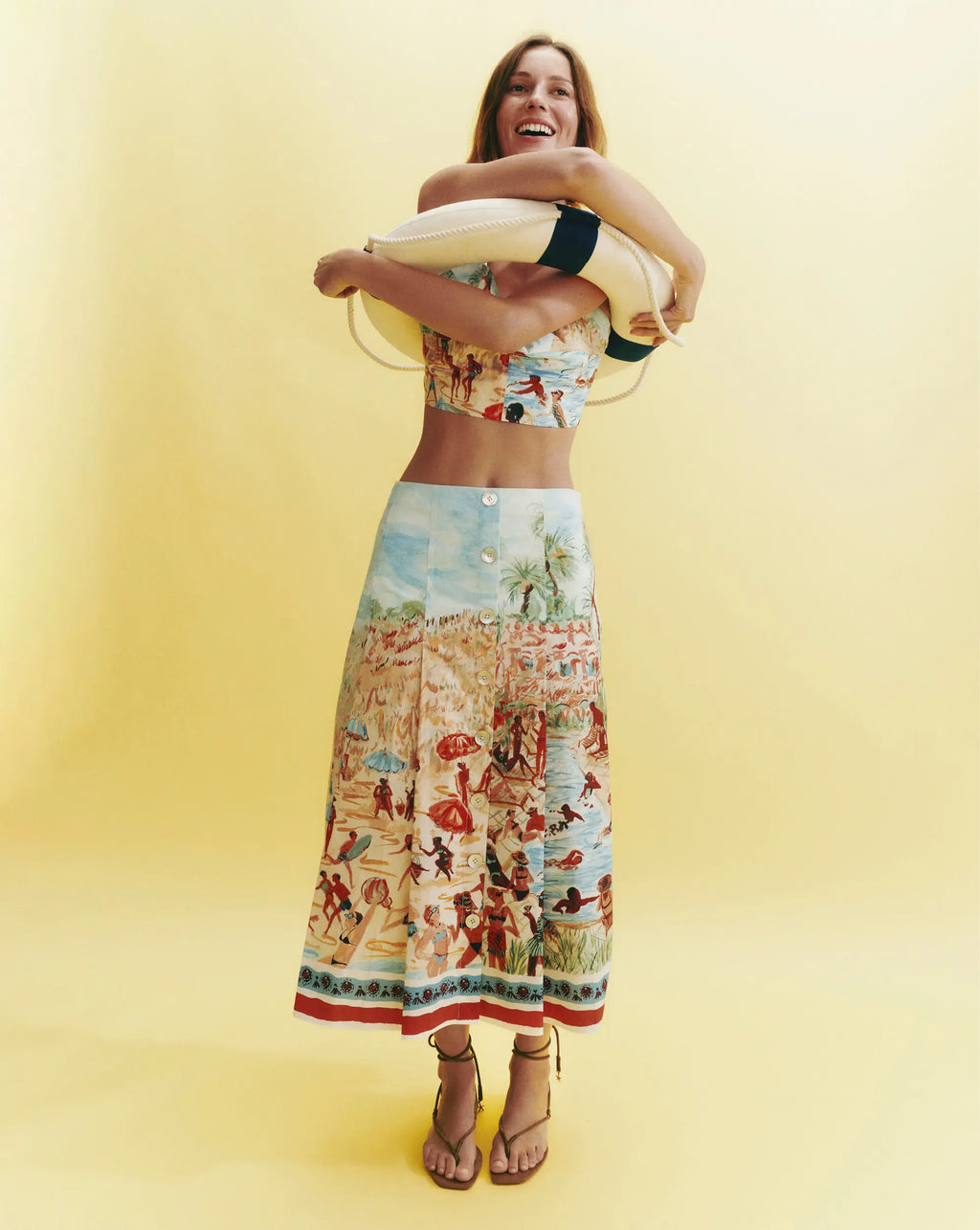 Veronica Beard White and blue tropical print cotton crop top.