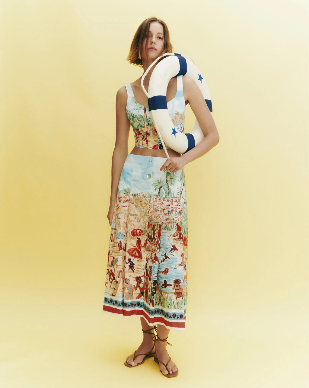 Veronica Beard White and blue button-front midi skirt with beach