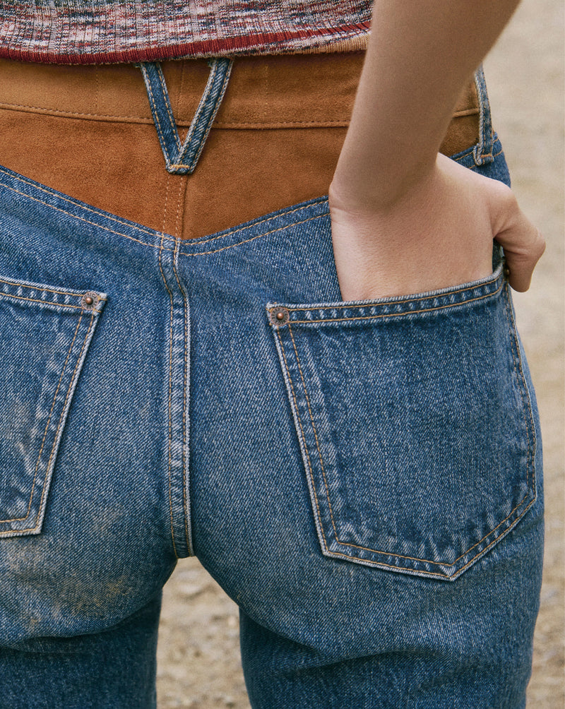 Jean droit Dylan en daim patchwork