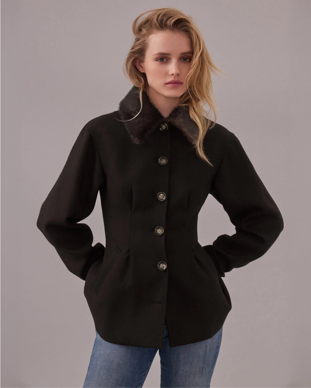 Veronica Beard Black coat with faux fur collar and gold buttons.