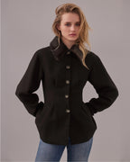 Veronica Beard Black coat with faux fur collar and gold buttons.