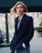Veronica Beard Navy blazer, single-breasted, gold buttons, tailored fit.