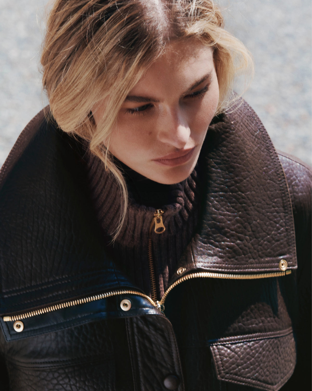 Veronica Beard Brown textured leather jacket with large collar.