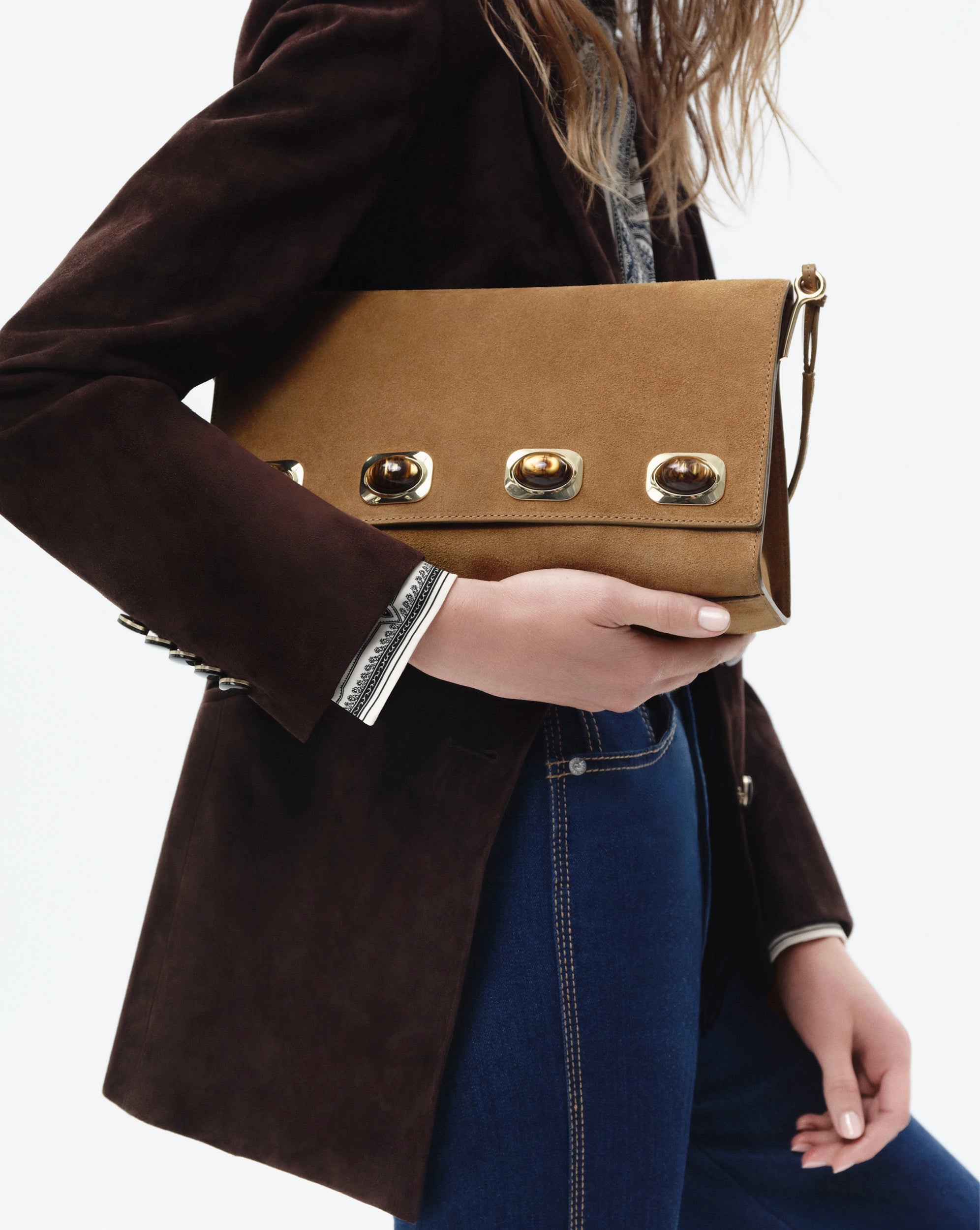 Veronica Beard Tan suede shoulder bag with thin strap.