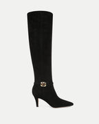 Veronica Beard Black suede knee-high boots with gold buckle detail.