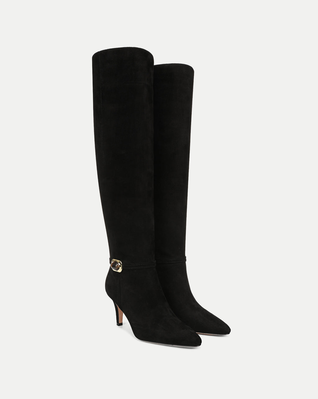 Veronica Beard Black suede knee-high boots with gold buckle.