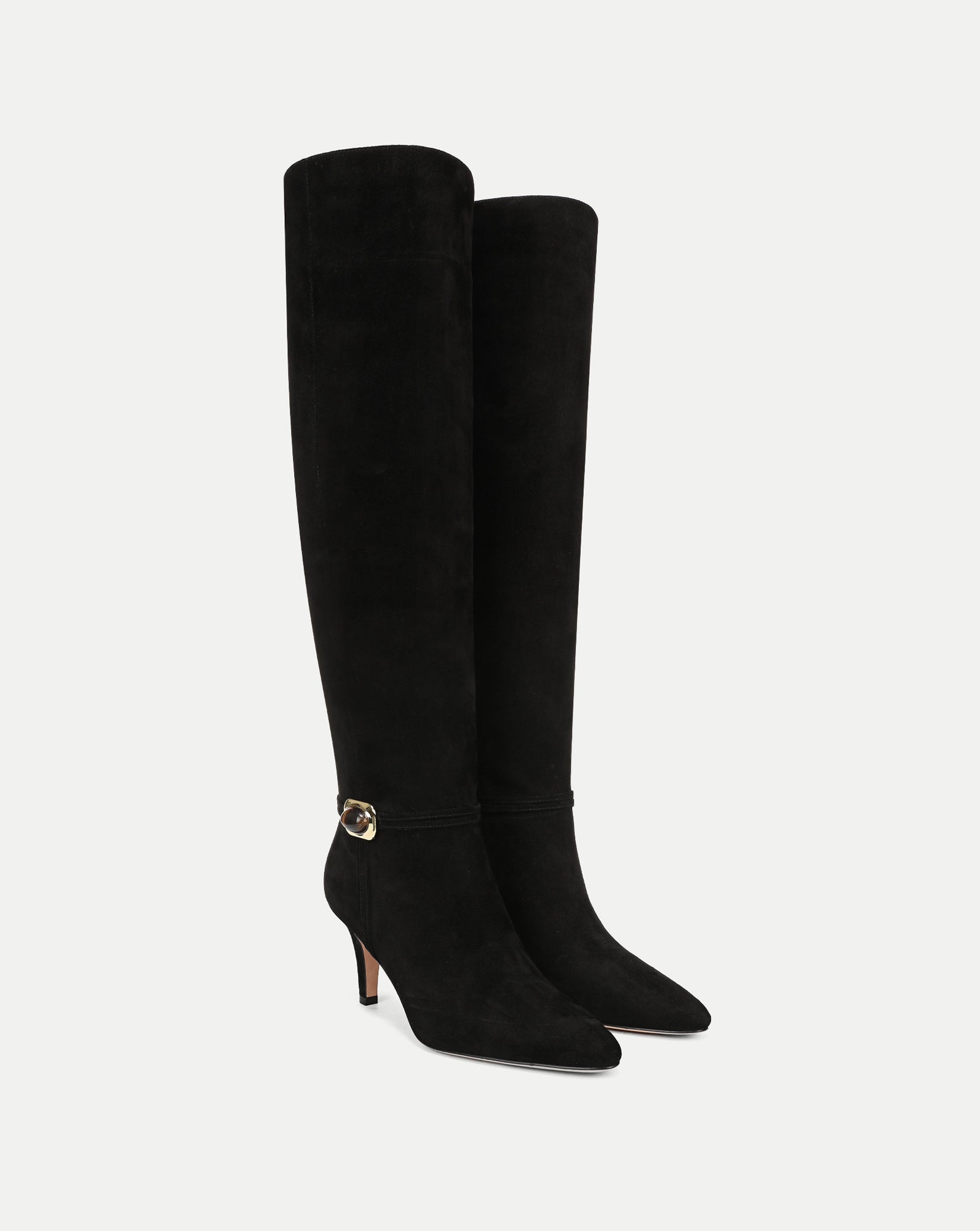 Veronica Beard Black suede knee-high boots with gold buckle.