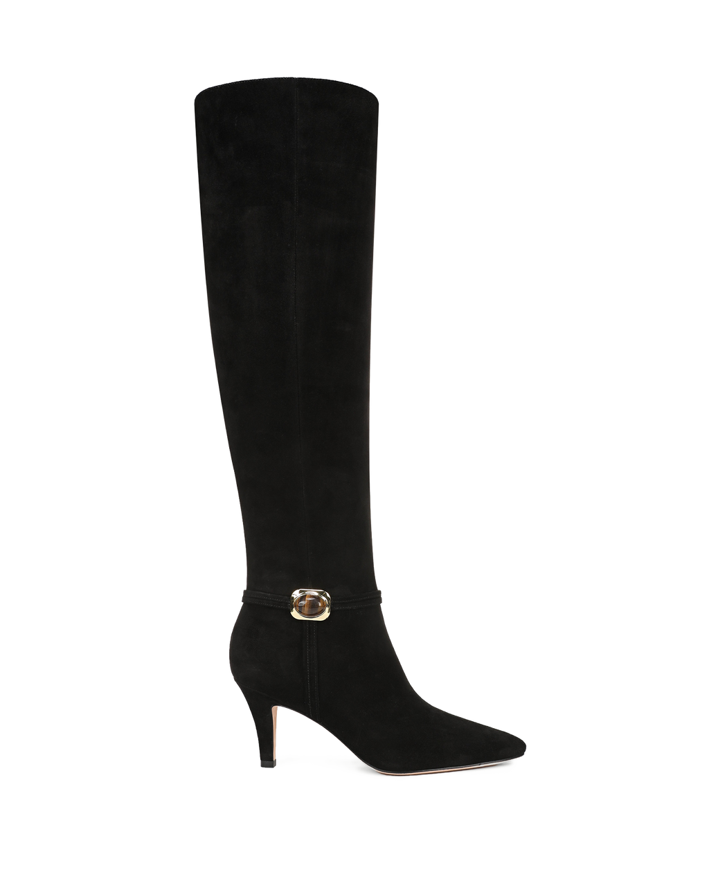 Veronica Beard Black suede knee-high boot with gold buckle detail.