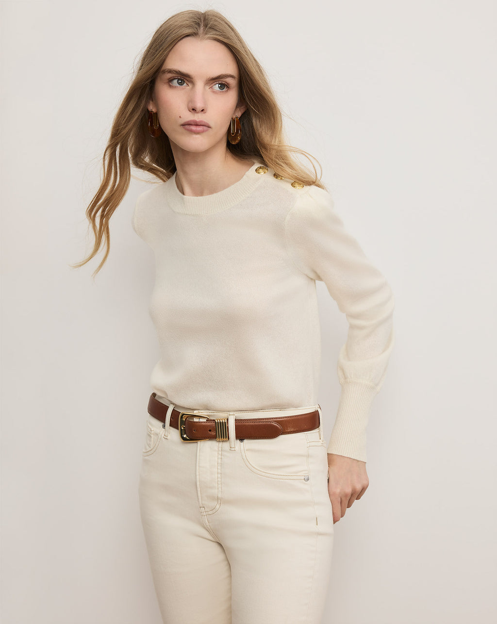 Veronica Beard Nelia Cashmere Pullover | Button Accent - Ivory