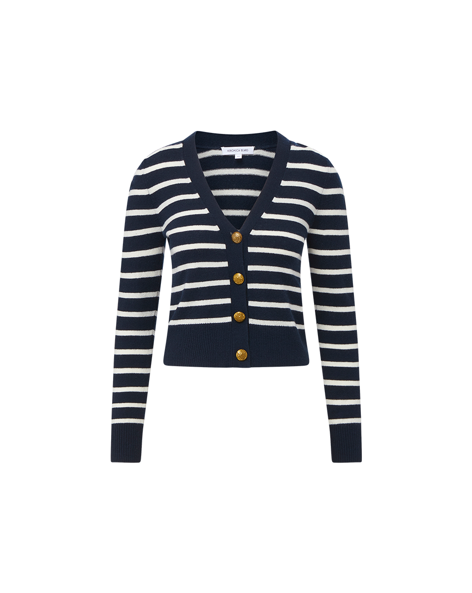 Veronica Beard Solene Striped Cashmere Cardigan Navy/Ivory