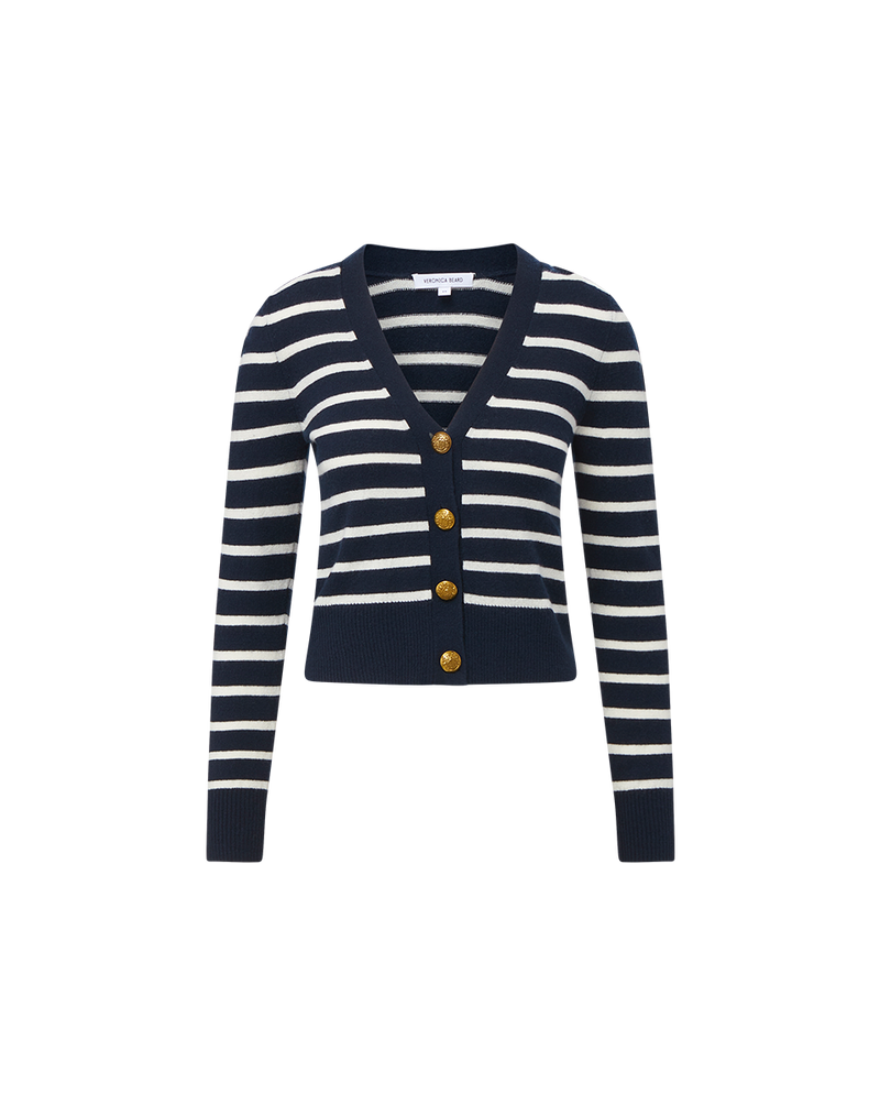 Veronica Beard Solene Striped Cashmere Cardigan Navy/Ivory