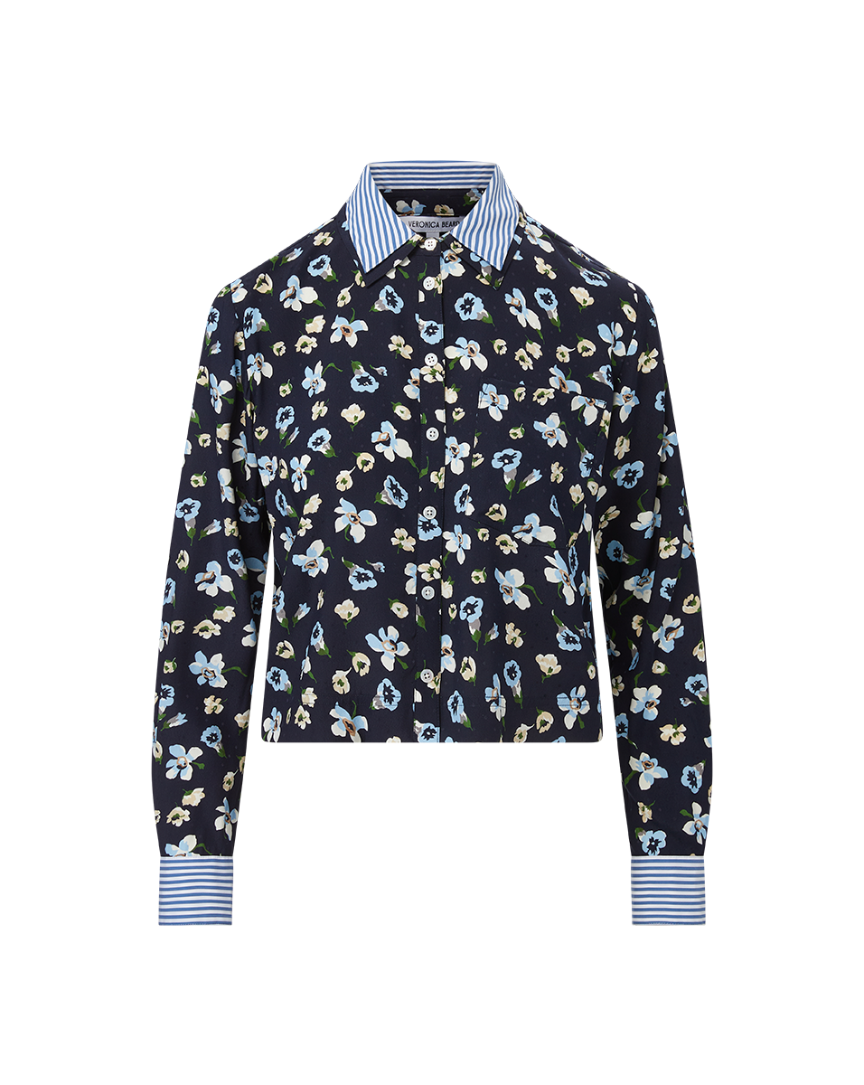 Veronica Beard Maia Floral Silk Double-Collar Shirt - Navy Multi