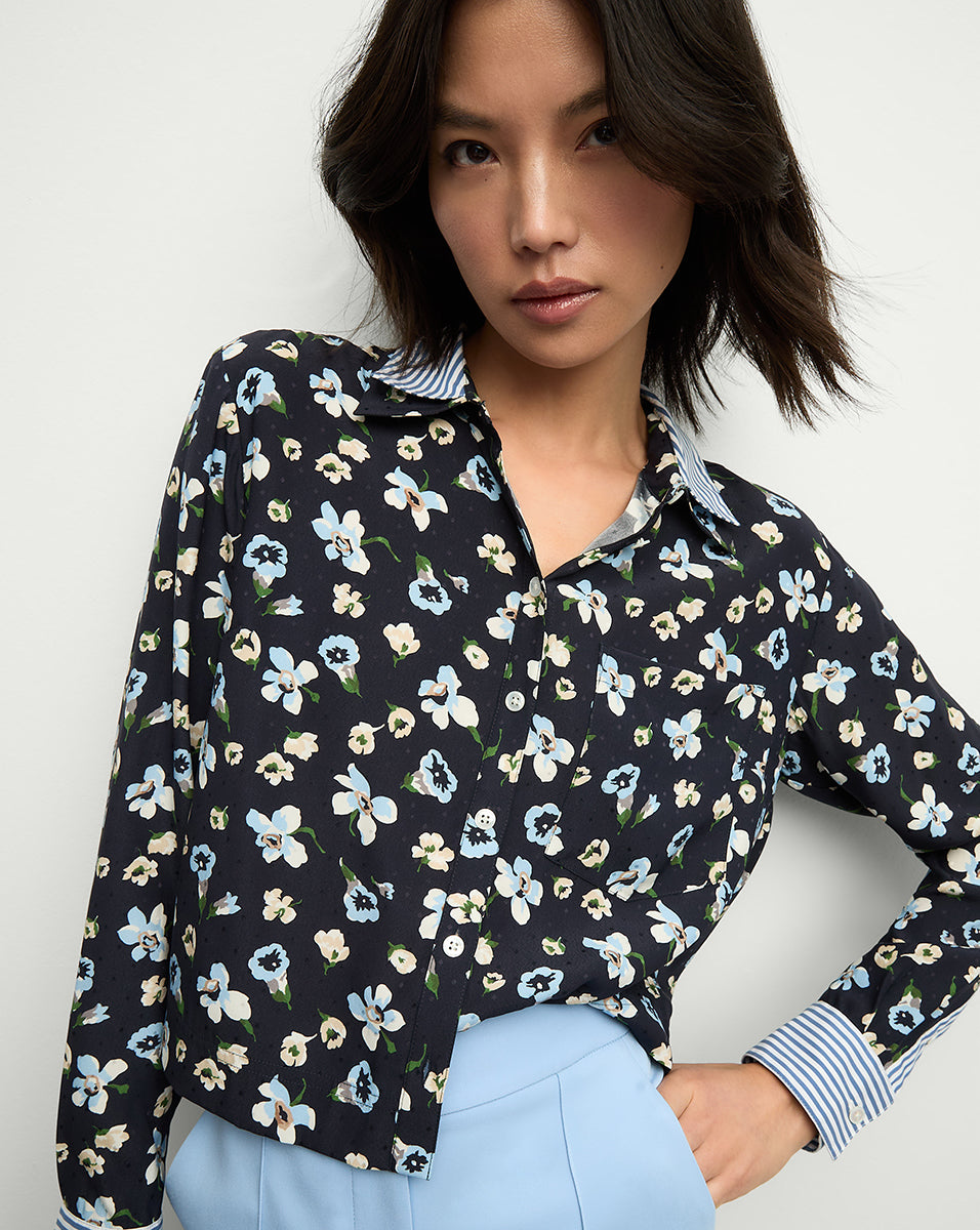 Veronica Beard Maia Floral Silk Double-Collar Shirt - Navy Multi