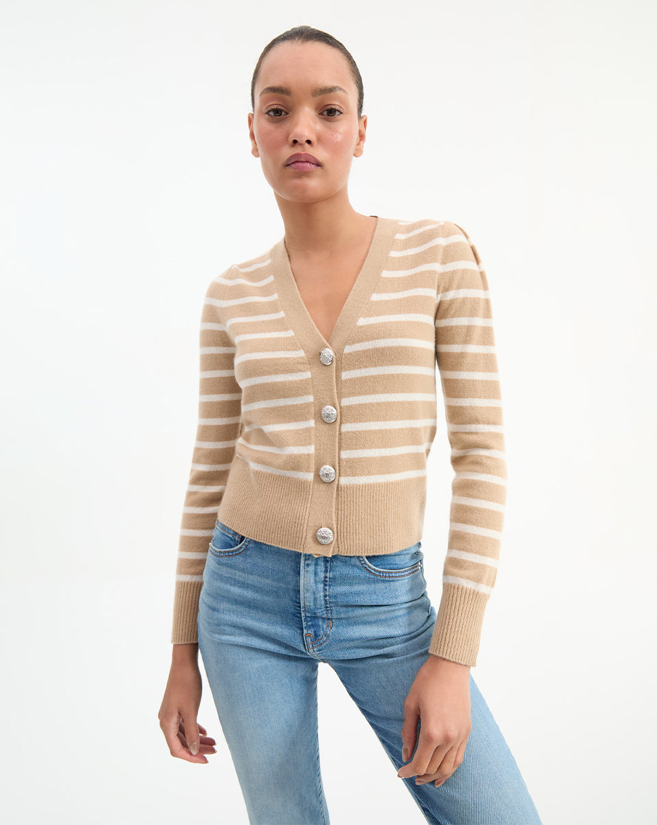Veronica Beard Solene Striped Cashmere Cardigan - Sand/Ivory
