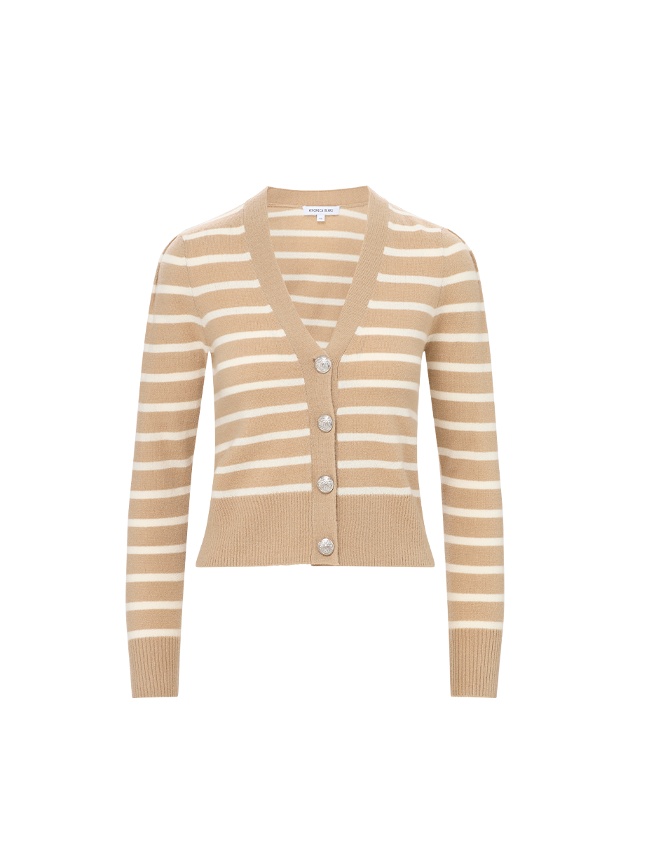 Veronica Beard Solene Striped Cashmere Cardigan - Sand/Ivory