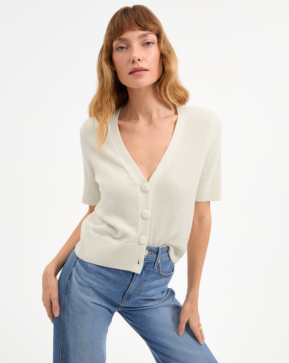 Veronica Beard Solene Short Sleeve Cashmere Cardigan - Ivory