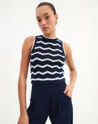 Veronica Beard Jerrel Cropped Knit Tank Top - Navy/Off-White/Bluebell