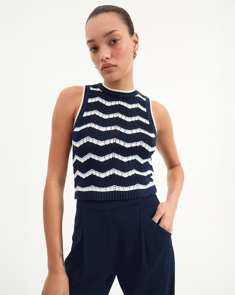 Veronica Beard Jerrel Cropped Knit Tank Top - Navy/Off-White/Bluebell