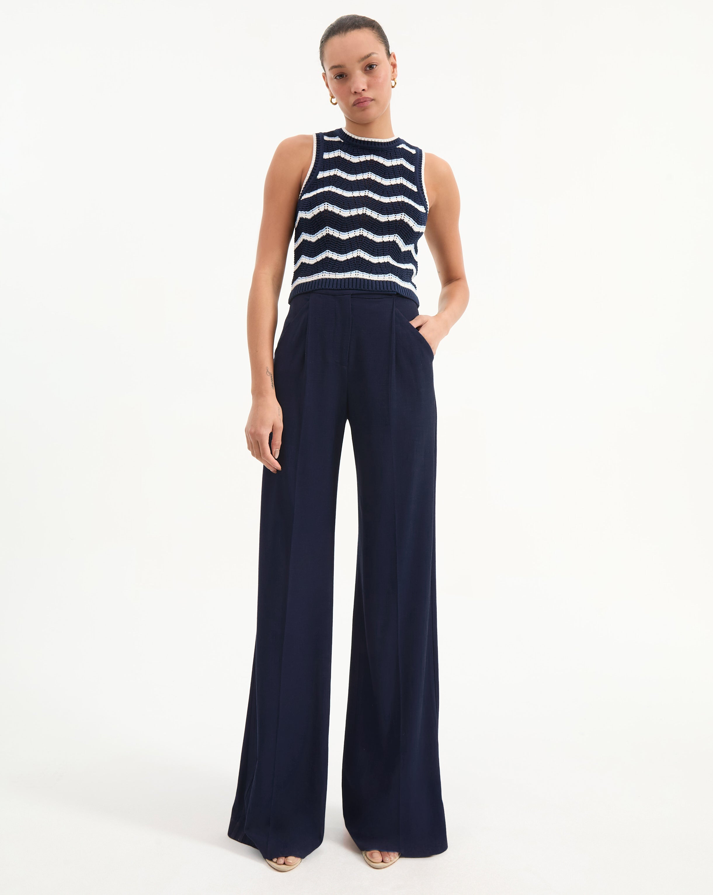 Veronica Beard Jerrel Cropped Knit Tank Top - Navy/Off-White/Bluebell
