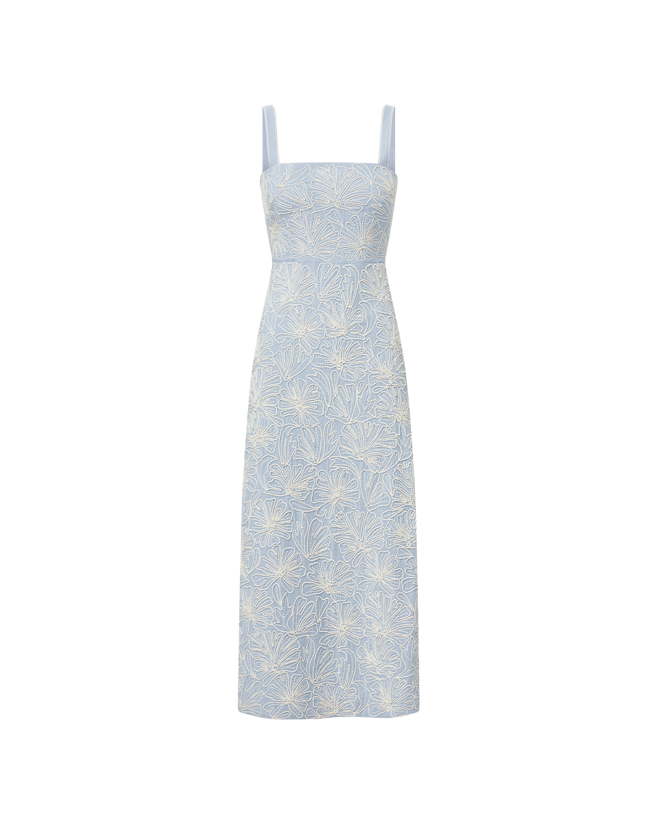 Veronica Beard Ella Embroidered Midi Dress - Bluebell/Ecru
