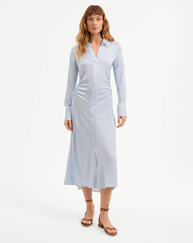 Veronica Beard Lex Silk Midi Shirtdress - Dark Bluebell/Off-White