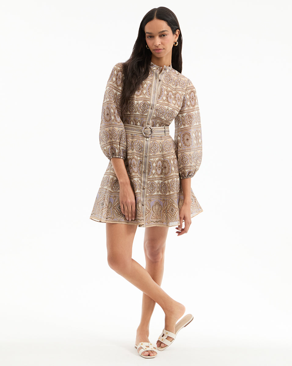 Veronica Beard Kumar Silk-Linen Mini Dress - Stone Khaki Multi