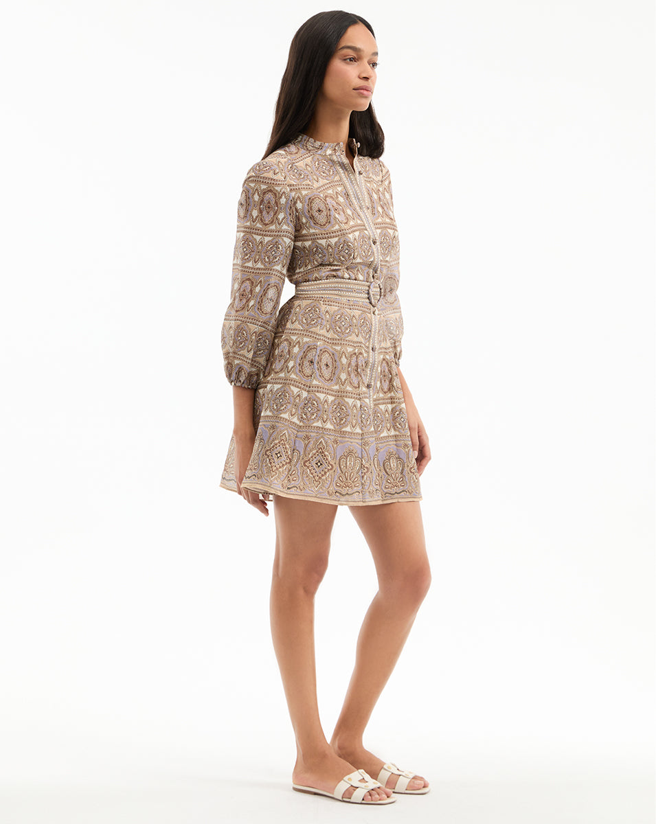 Veronica Beard Kumar Silk-Linen Mini Dress - Stone Khaki Multi