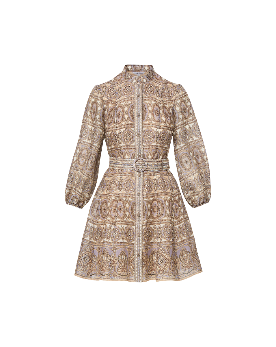 Veronica Beard Kumar Silk-Linen Minidress - Stone Khaki Multi