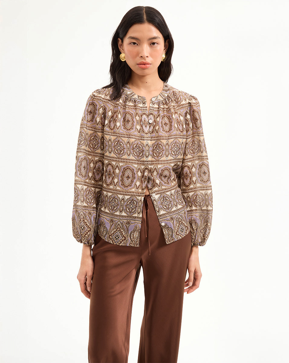 Veronica Beard Ashlynn Silk-Linen Blouse - Stone Khaki Multi