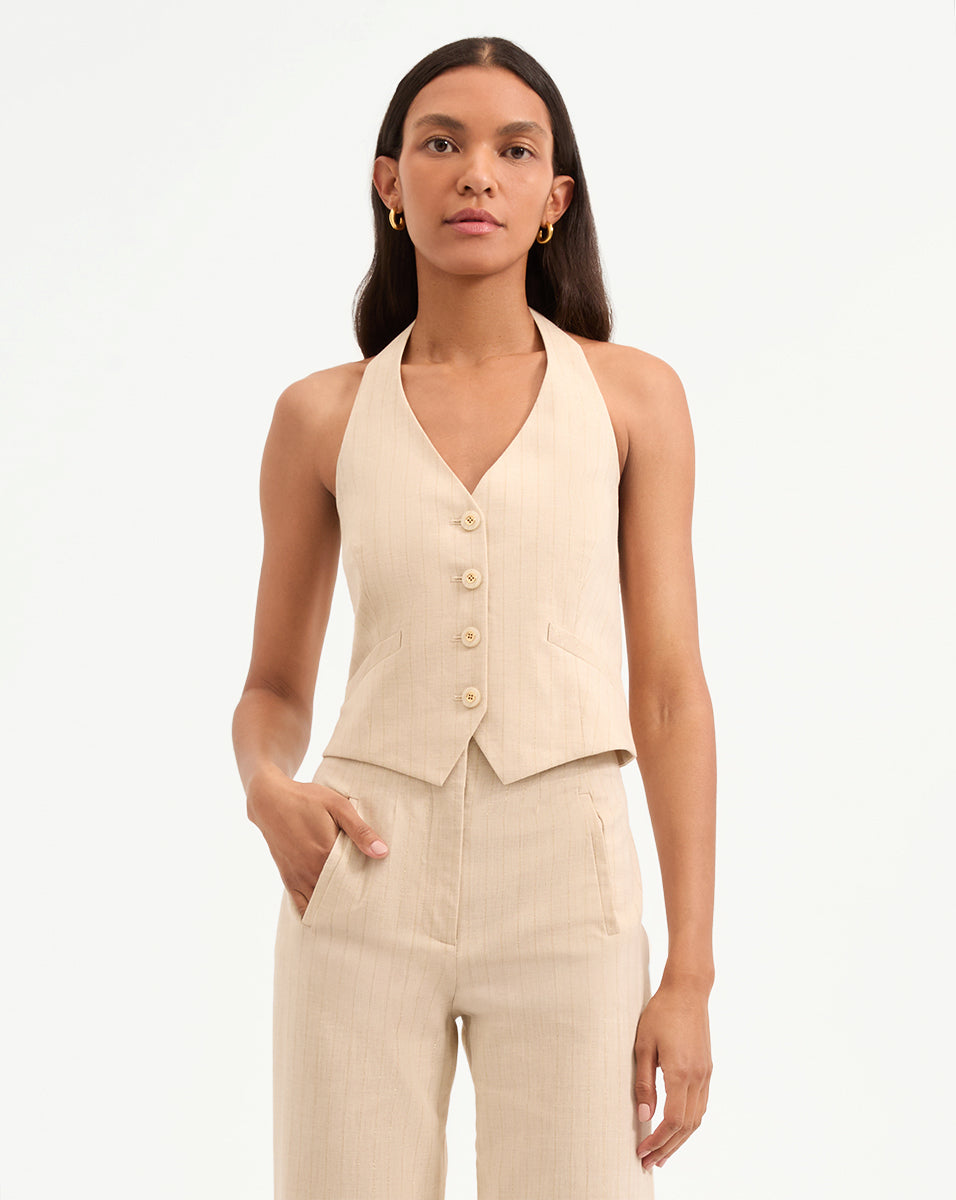 Veronica Beard Arabella Metallic Pinstripe Vest - Natural/Gold