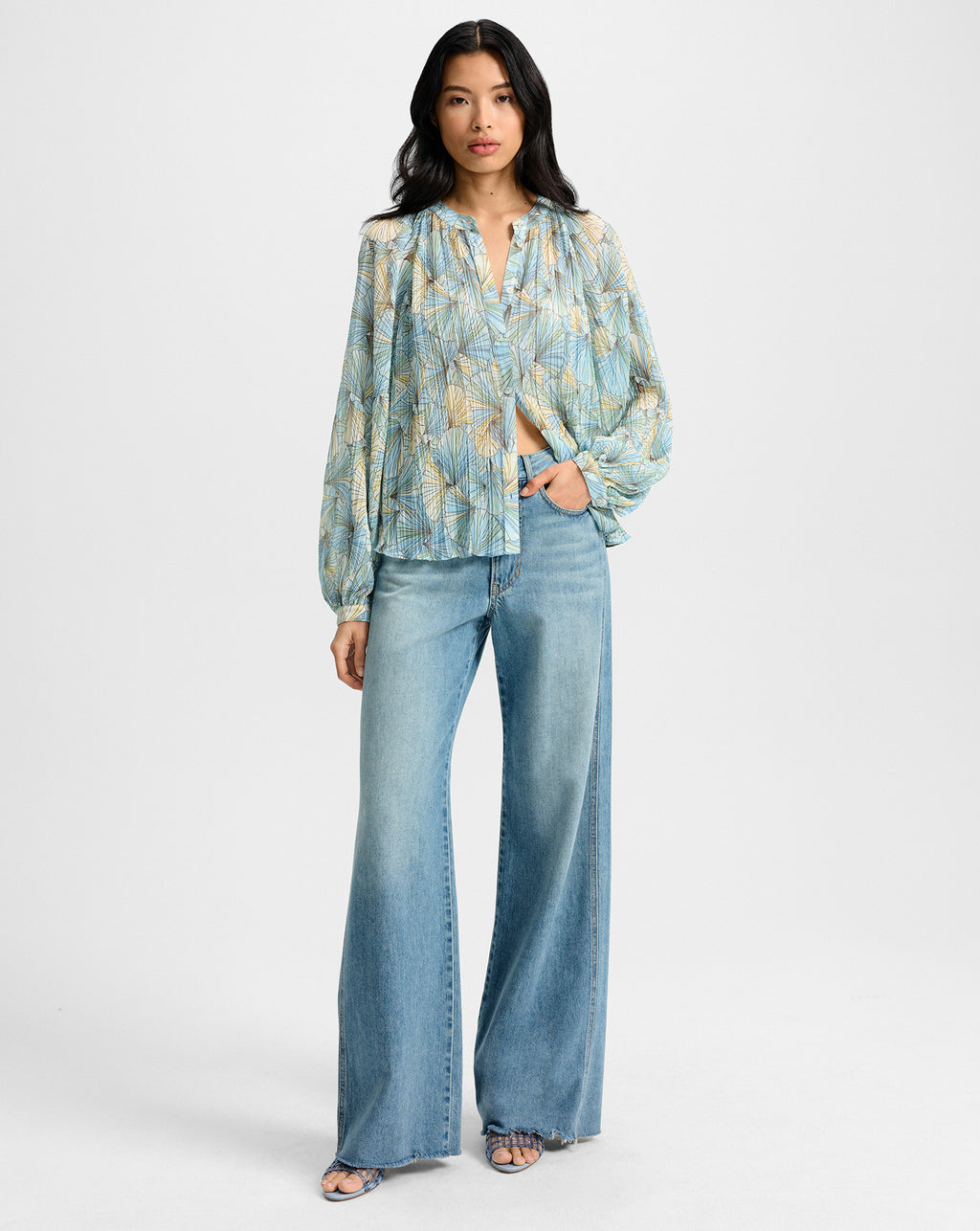 Veronica Beard Fennel Pleated Button-Down - Powder Blue Multi