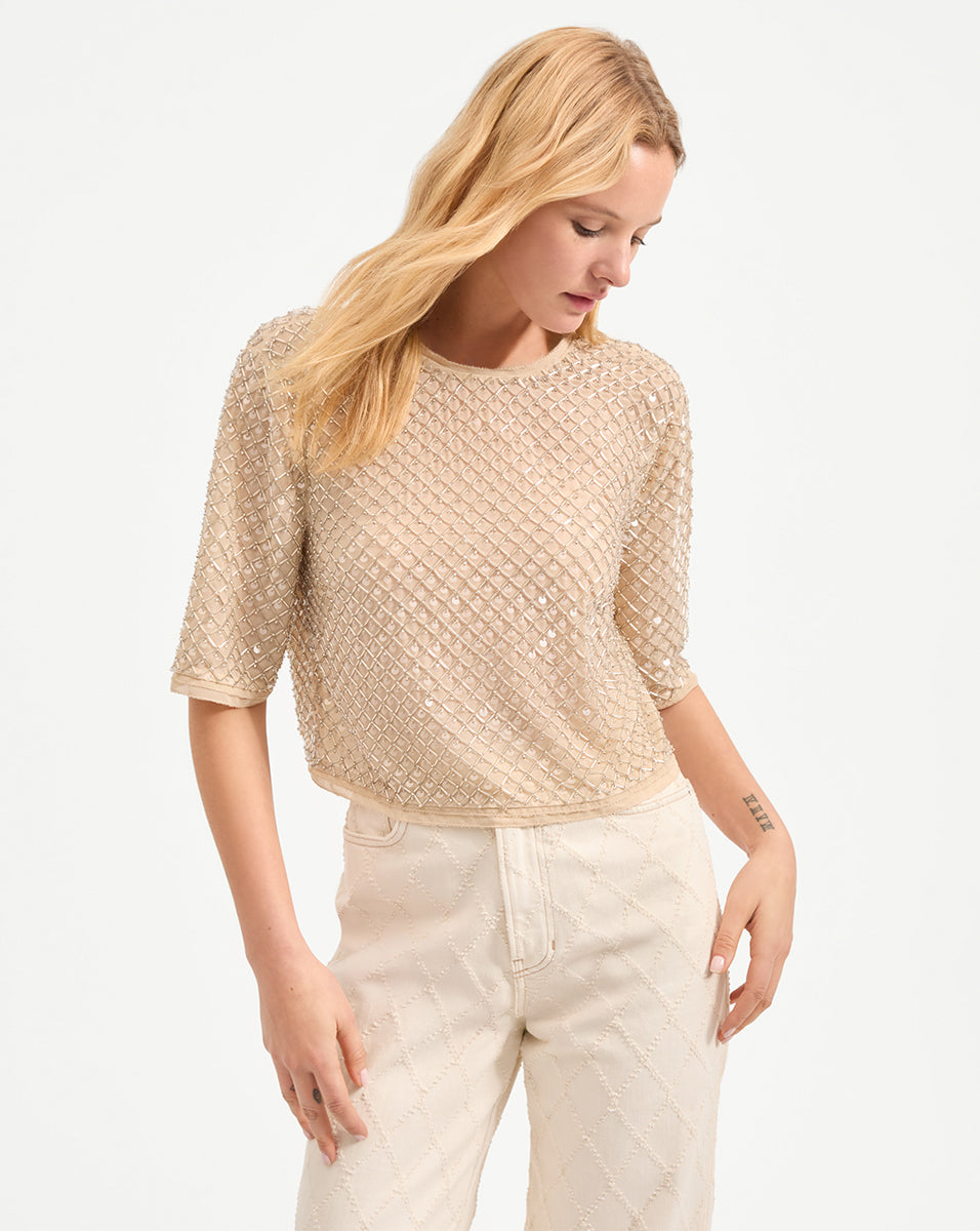 Veronica Beard Novalie Beaded Top - Stone Khaki