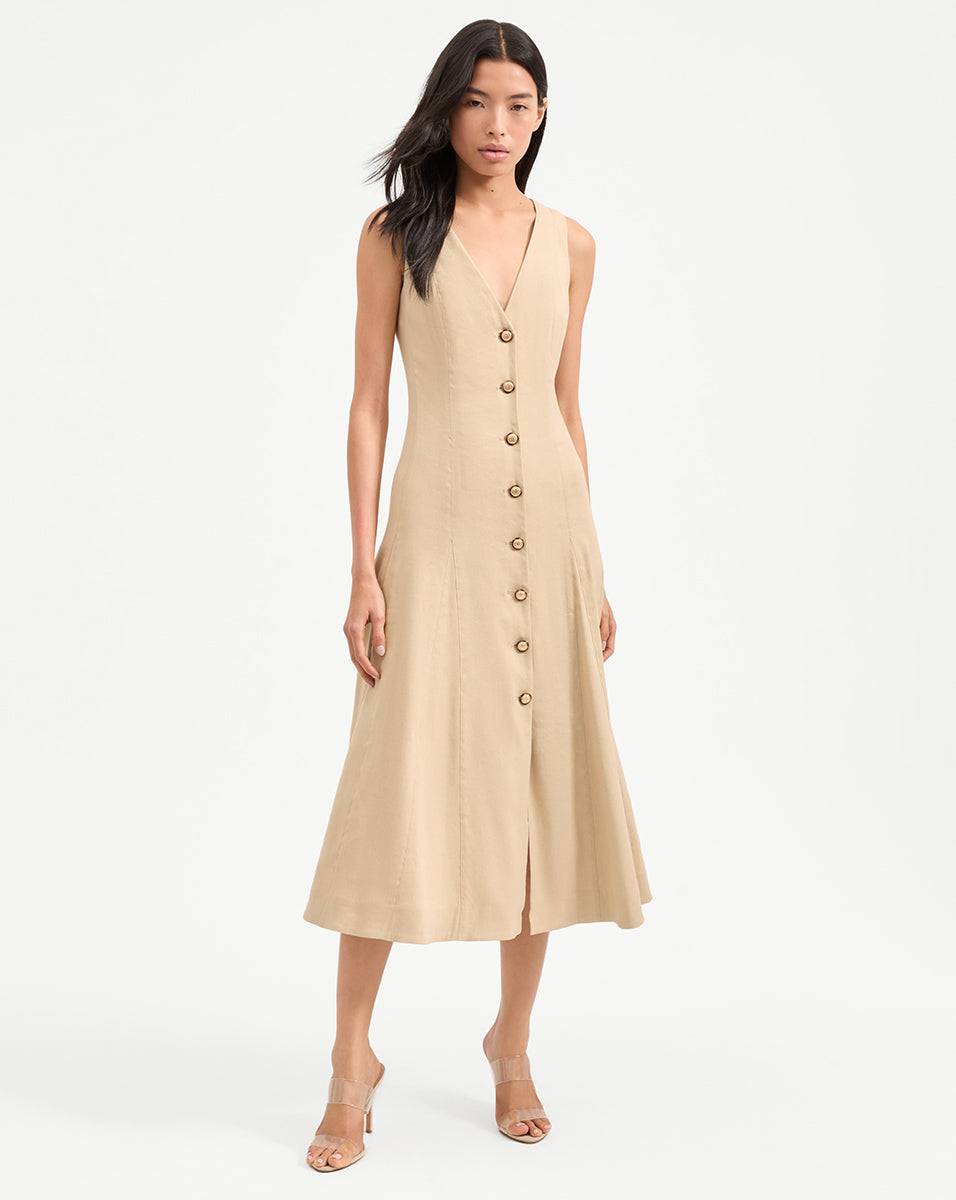 Veronica Beard Lou Pleated Midi Dress - Stone Khaki