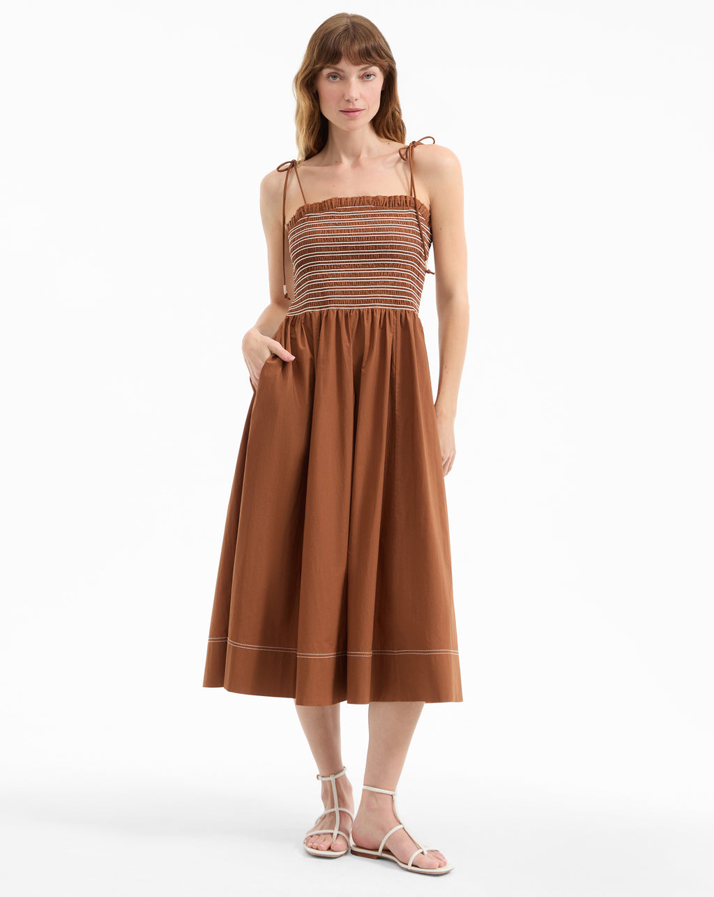 Veronica Beard Kaela Smocked Midi Dress - Whisky