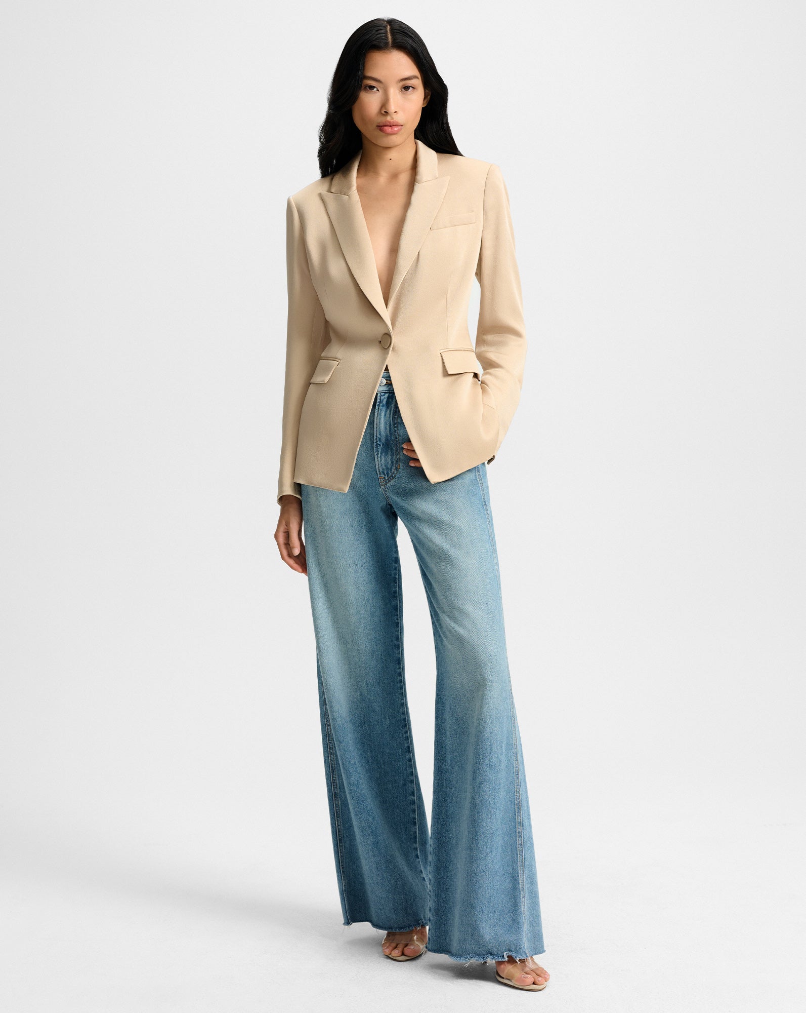 Veronica Beard Long and Lean Satin Dickey Jacket - Stone Khaki