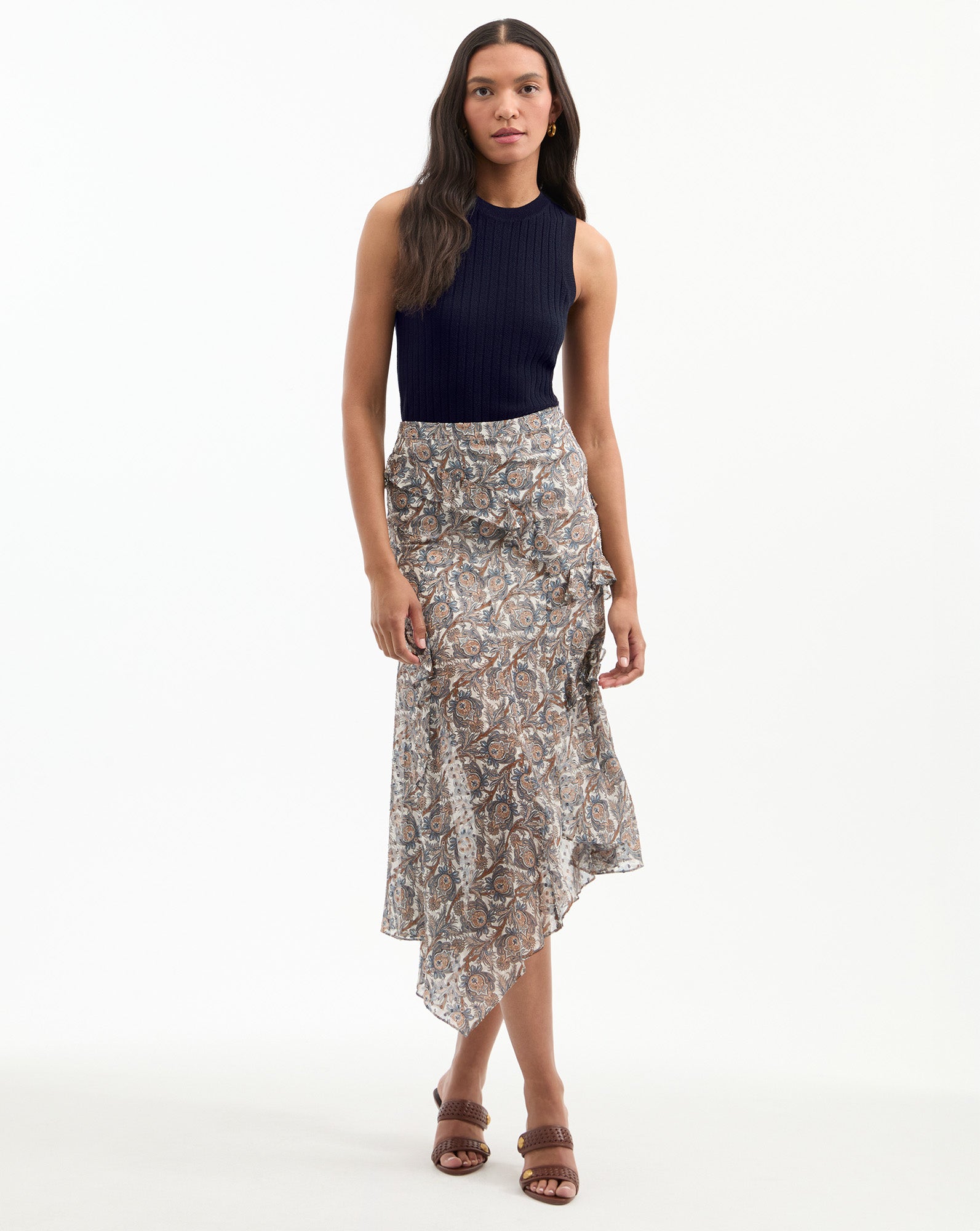Veronica Beard Eleonora Silk Midi Skirt - Dove White Multi