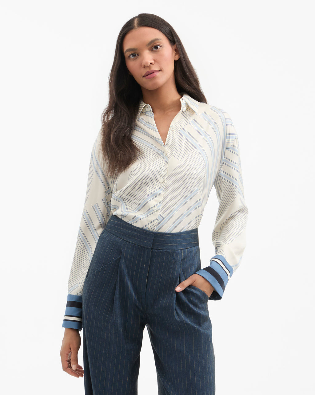 Veronica Beard Delila Silk Blouse - Dove White/Blue Lake Multi