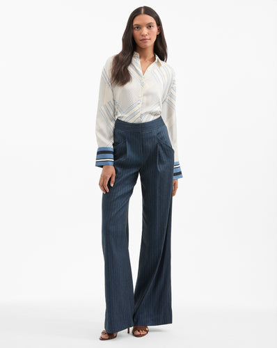 Veronica Beard Rimini Wide-Leg Pinstripe Pant - Blue/Dove White