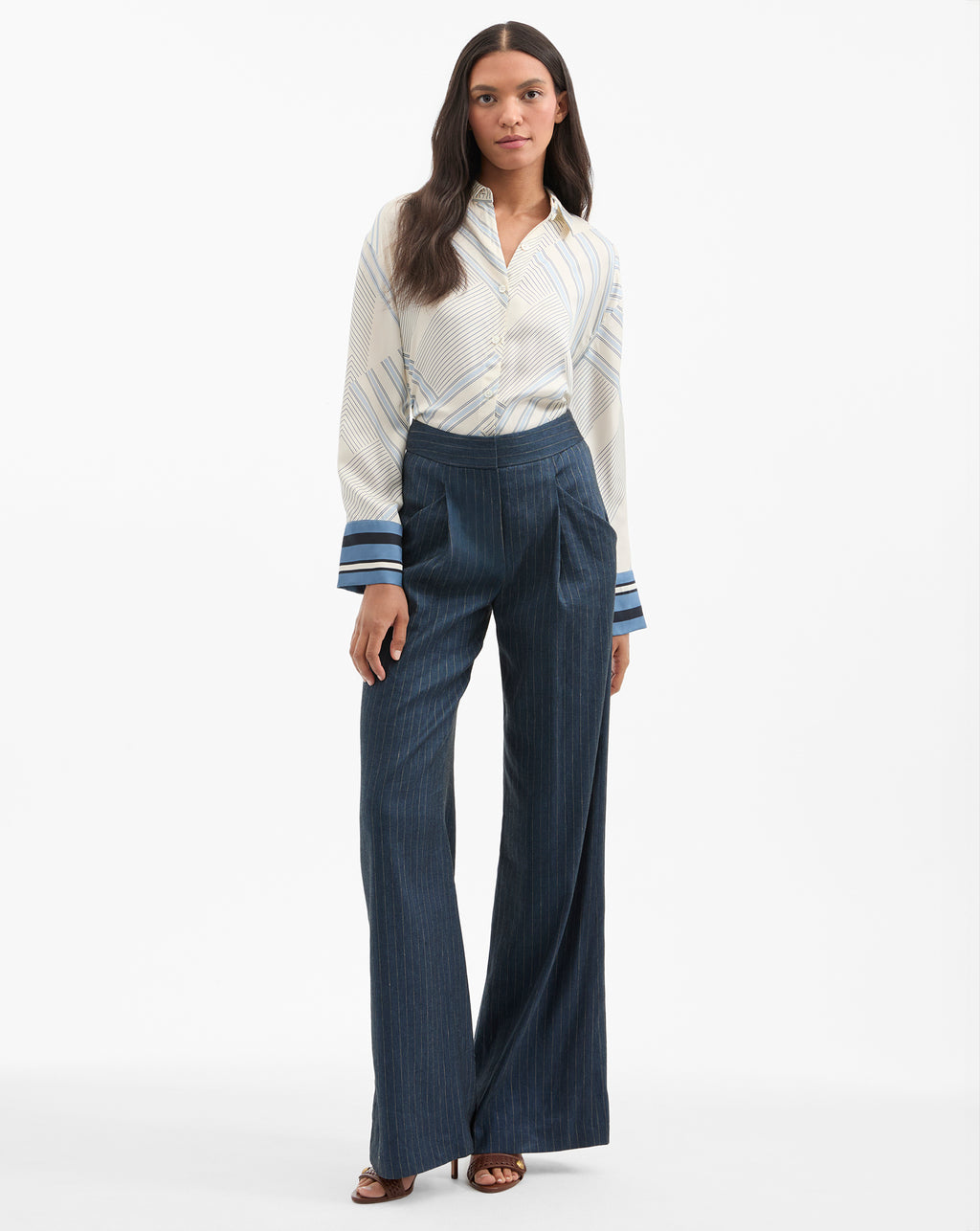 Veronica Beard Rimini Wide-Leg Pinstripe Pant - Blue/Dove White
