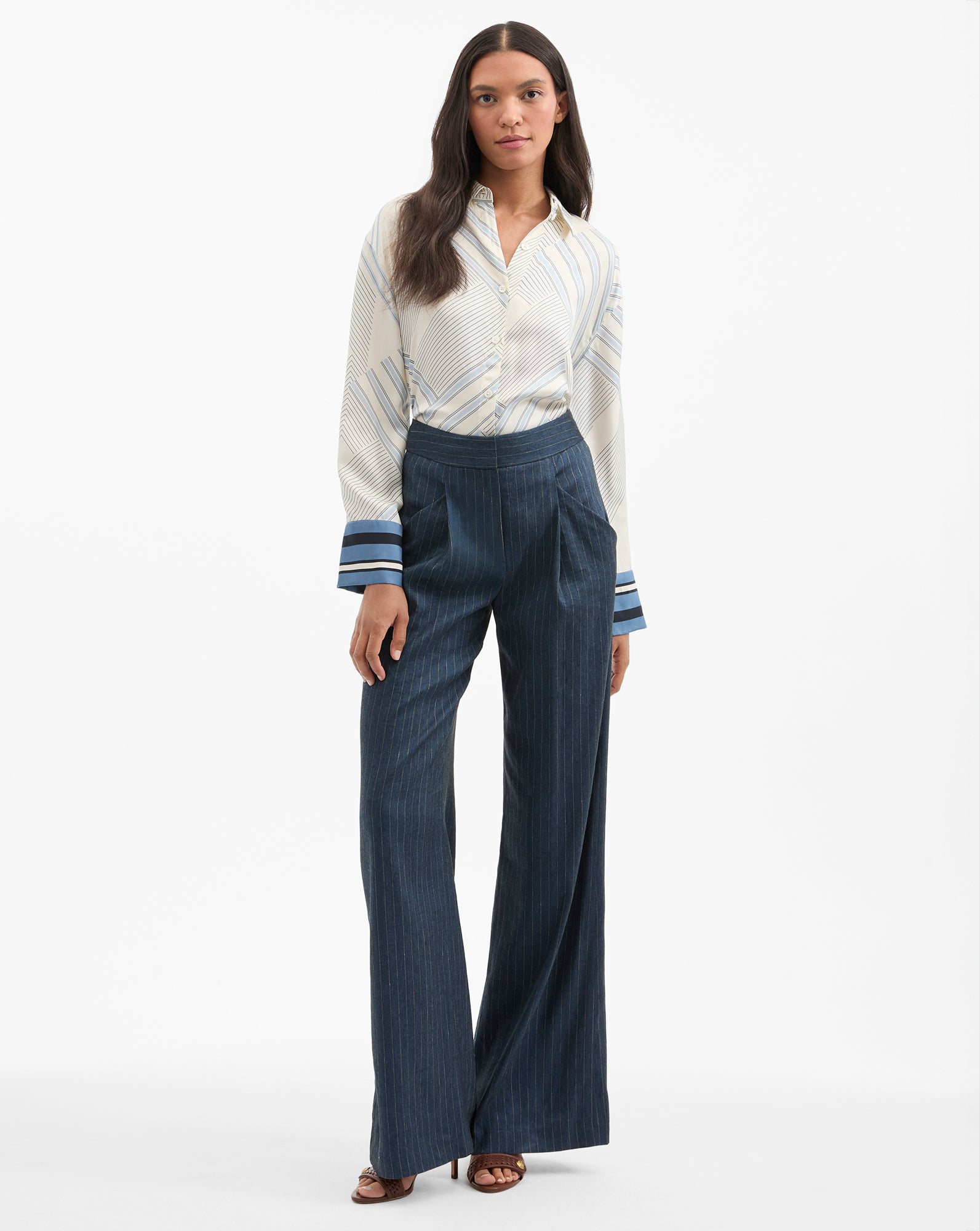 Veronica Beard Rimini Wide-Leg Pinstripe Pant - Blue/Dove White