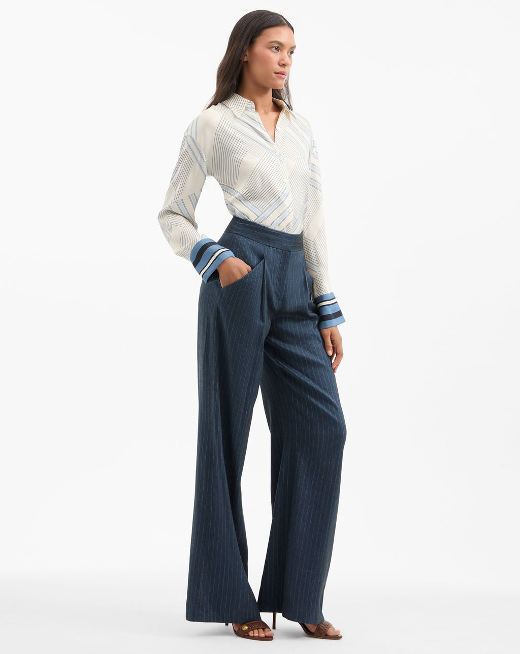 Veronica Beard Rimini Wide-Leg Pinstripe Pant - Blue/Dove White